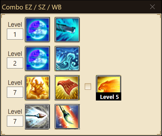 The Combo EZ / SZ / WB window: four skill combos, each with its own level