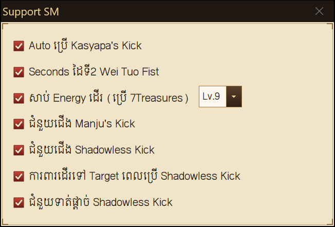 The Support SM window: seven Kasyapa's Kick, Wei Tuo Fist, energy, Manju's Kick and Shadowless Kick options, all ticked, with energy at Lv.9